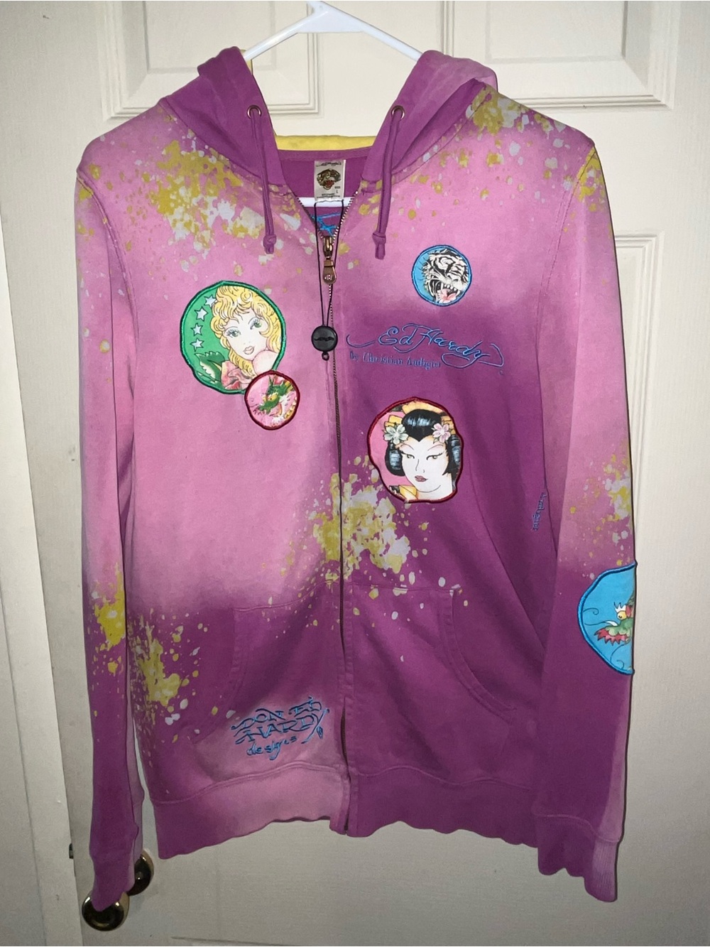 Ed Hardy Christian Audigier Hoodie Multi Patch Ombre Bleach Y2K Vintage NWOT
